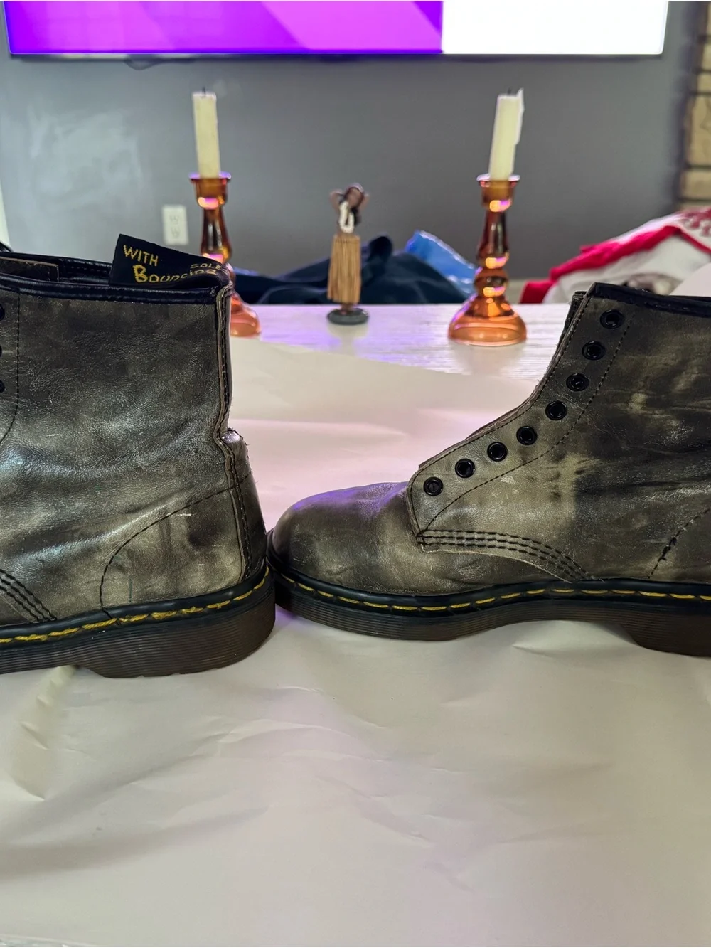 Dr. Martens Black and Gray Distressed Leather Boots unisex size 9.5 W, 7.5 M